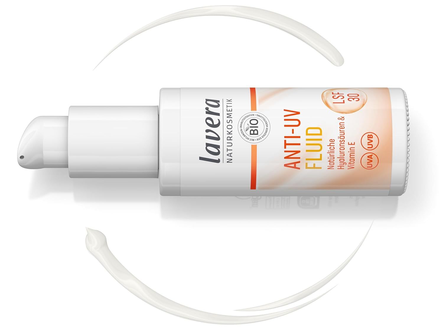 Flacone orizzontale. Testo: lavera, Anti-UV Fluid, SPF 30. Due strisce cremose.