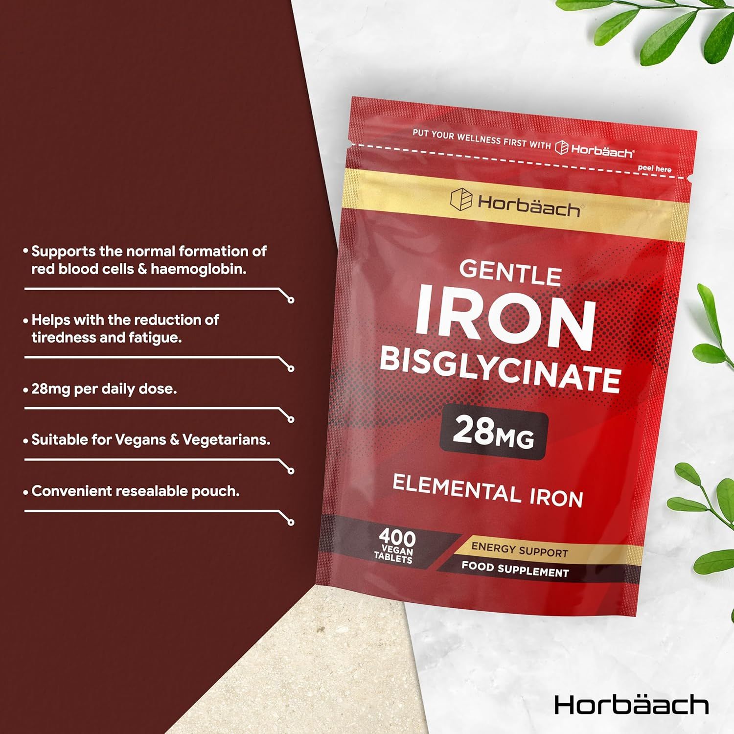 Busta con etichetta rossa. Testo: Gentle Iron Bisglycinate, 28mg, 400 compresse. Adatto ai vegani. Richiudibile.