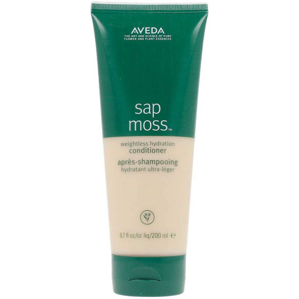Tubo verde e beige con testo. In alto "AVEDA", sotto "sap moss." e "weightless hydration conditioner".