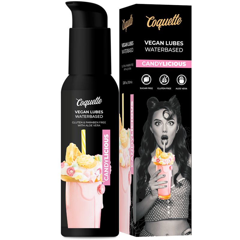 Lubrificante vegano Coquette Candilicious a base d'acqua, flacone e confezione con donna e dessert.