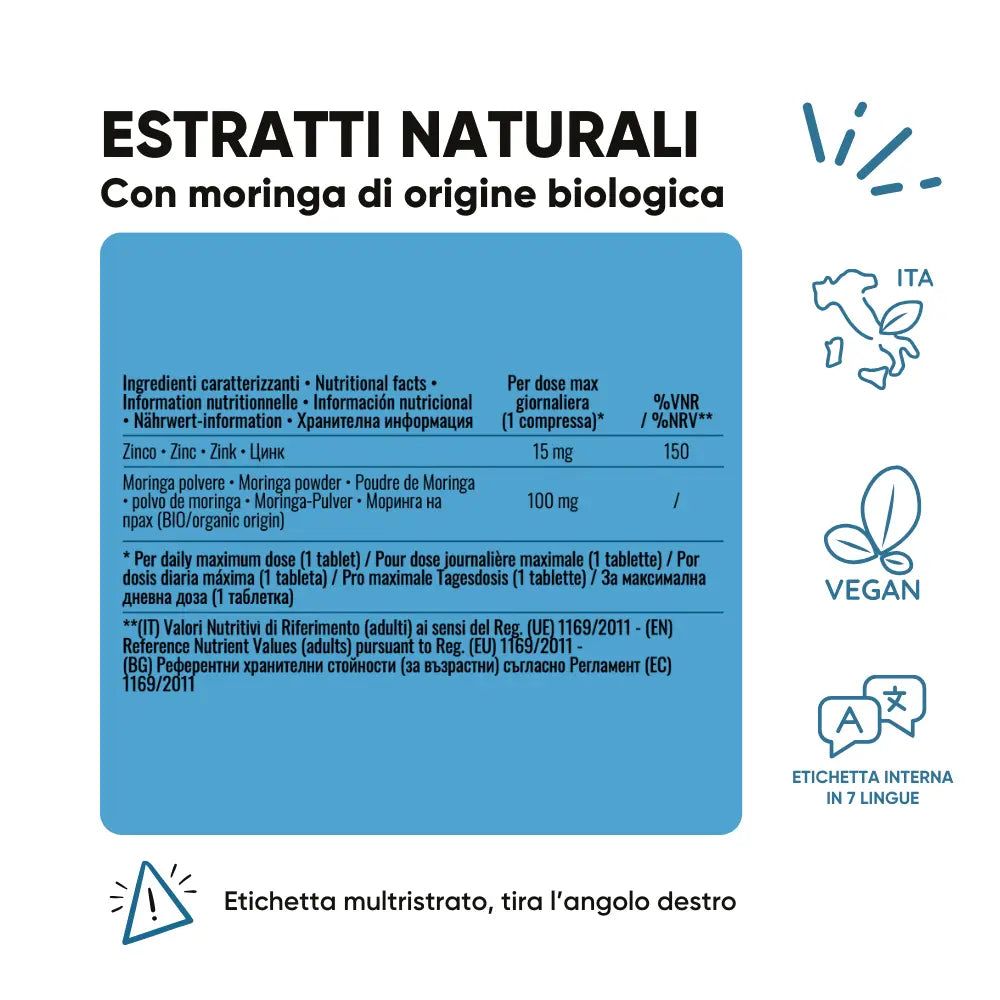 Informazioni nutrizionali. Con Moringa di origine biologica. 15 mg di zinco per compressa. Sigillo vegano. Etichetta multilingue.