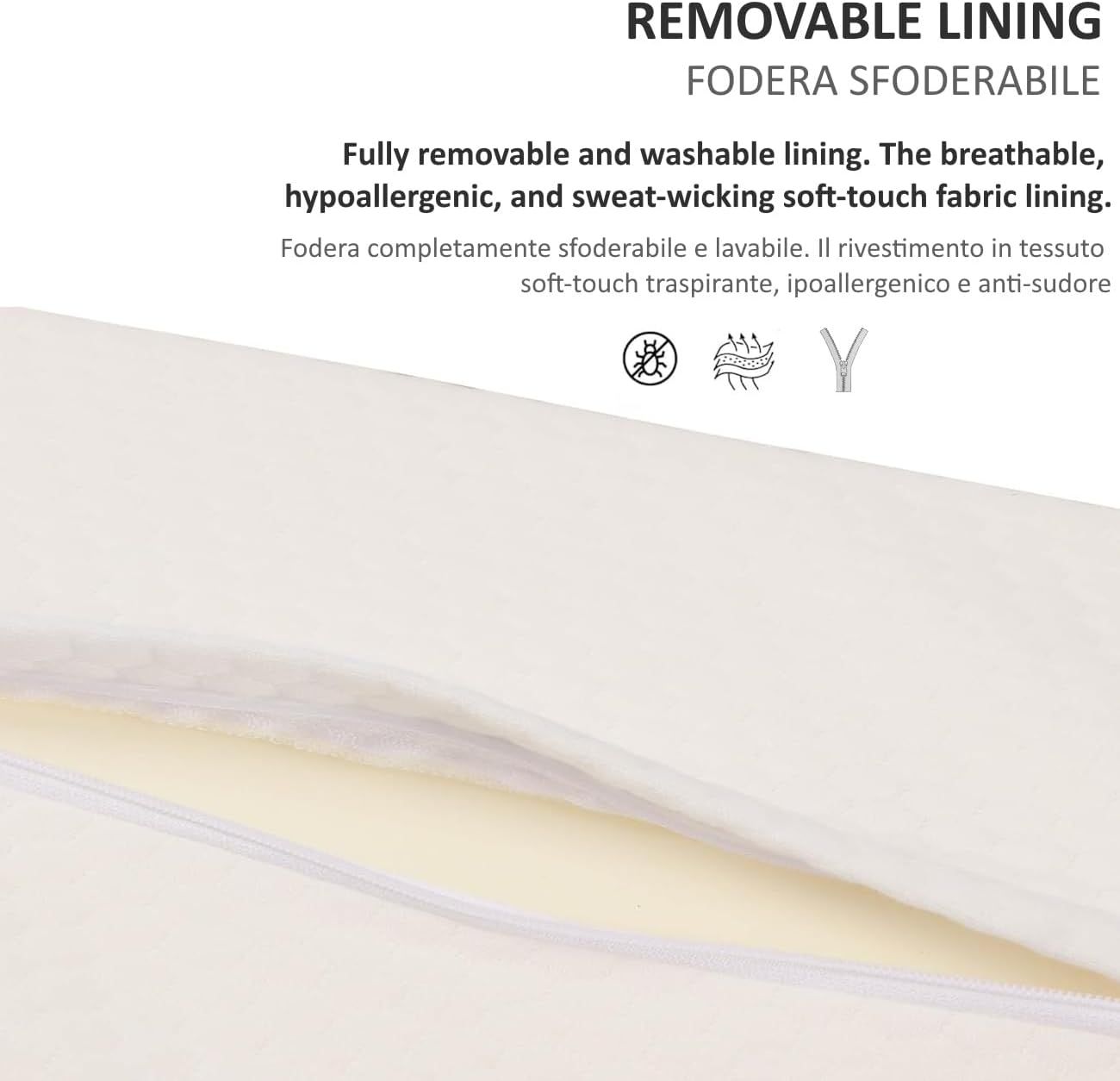 Primo piano di un cuscino bianco. È visibile la fodera sfoderabile. Il testo descrive il materiale traspirante e ipoallergenico.