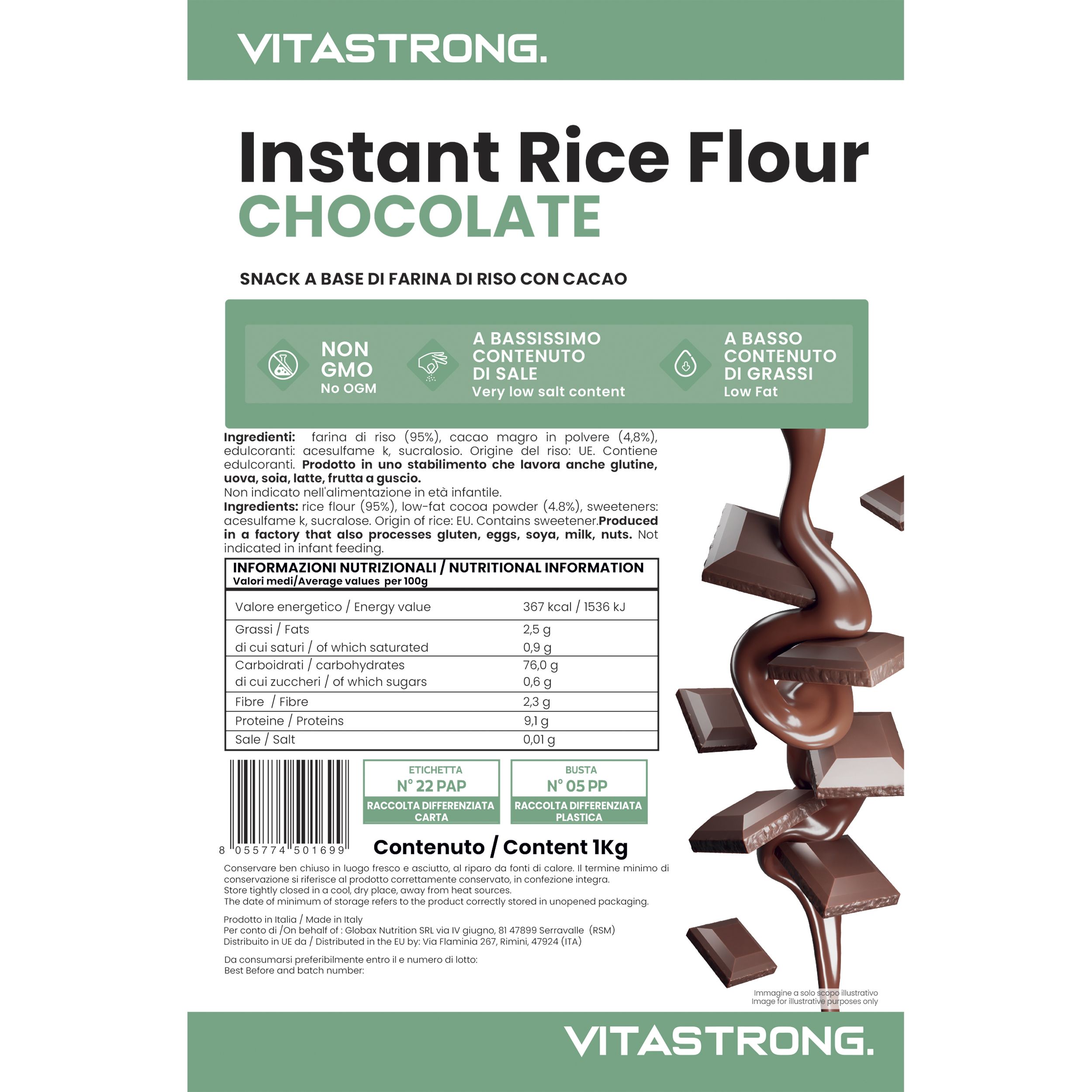 Vitastrong Instant Rice Flour Choco. Confezione bianca con informazioni sul prodotto e pezzi di cioccolato. Testo: « A basso contenuto di grassi ».