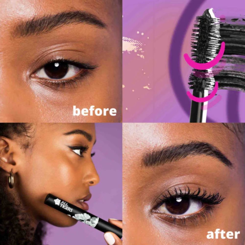 Confronto prima-dopo. Sopra: occhio prima del mascara. Sotto: occhio dopo il mascara. Spazzola mascara.