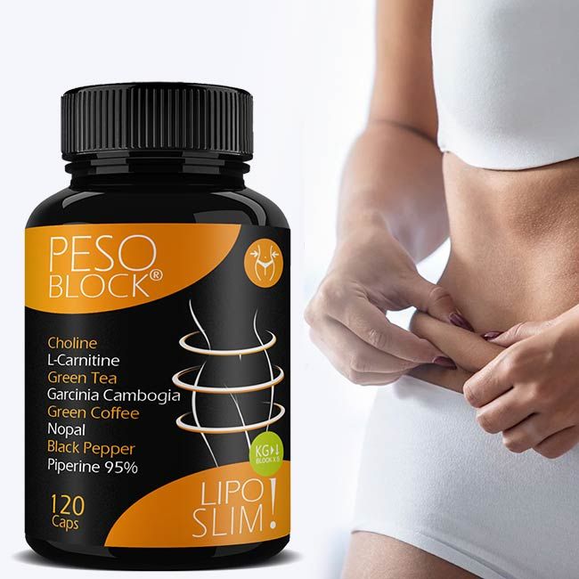 Flacone nero di capsule. Scritte: Peso Block, Lipo Slim. Donna che tiene una piega della pelle. Ingredienti: Colina, L-Carnitina, Tè verde, Garcinia Cambogia, Caffè verde, Nopal, Pepe nero.