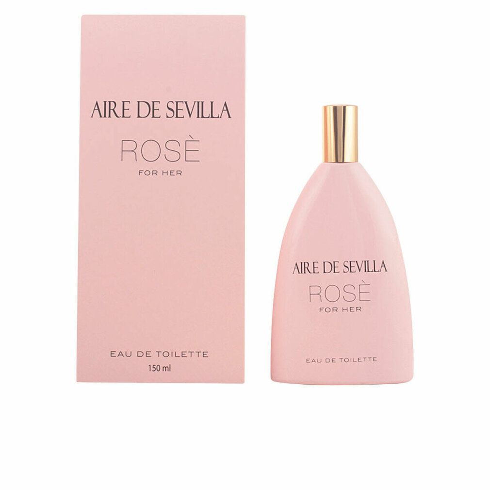Flacone e scatola rosa. Scritta: Aire de Sevilla Rosé, Eau de Toilette, 150 ml.