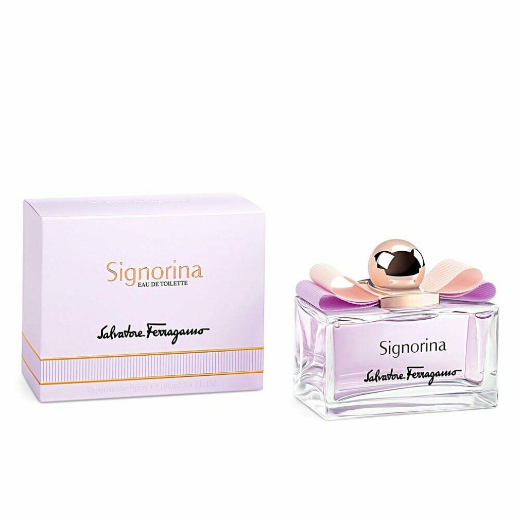 Flacone e scatola di profumo Signorina. Flacone con liquido rosa, fiocco e tappo dorato. Scatola con logo.