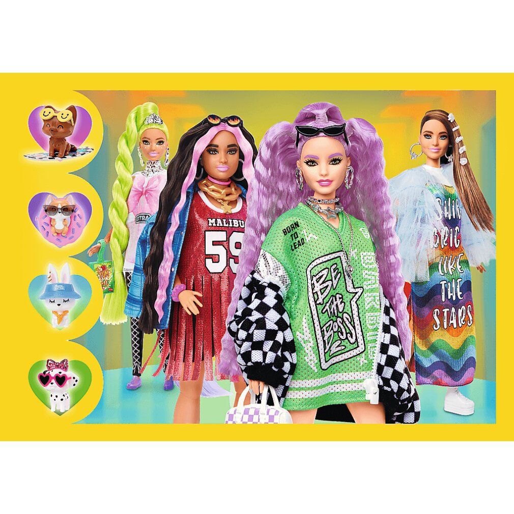 Cinque bambole Barbie su sfondo giallo. Ogni bambola indossa un abito diverso. Stelle e cuori come decorazione.