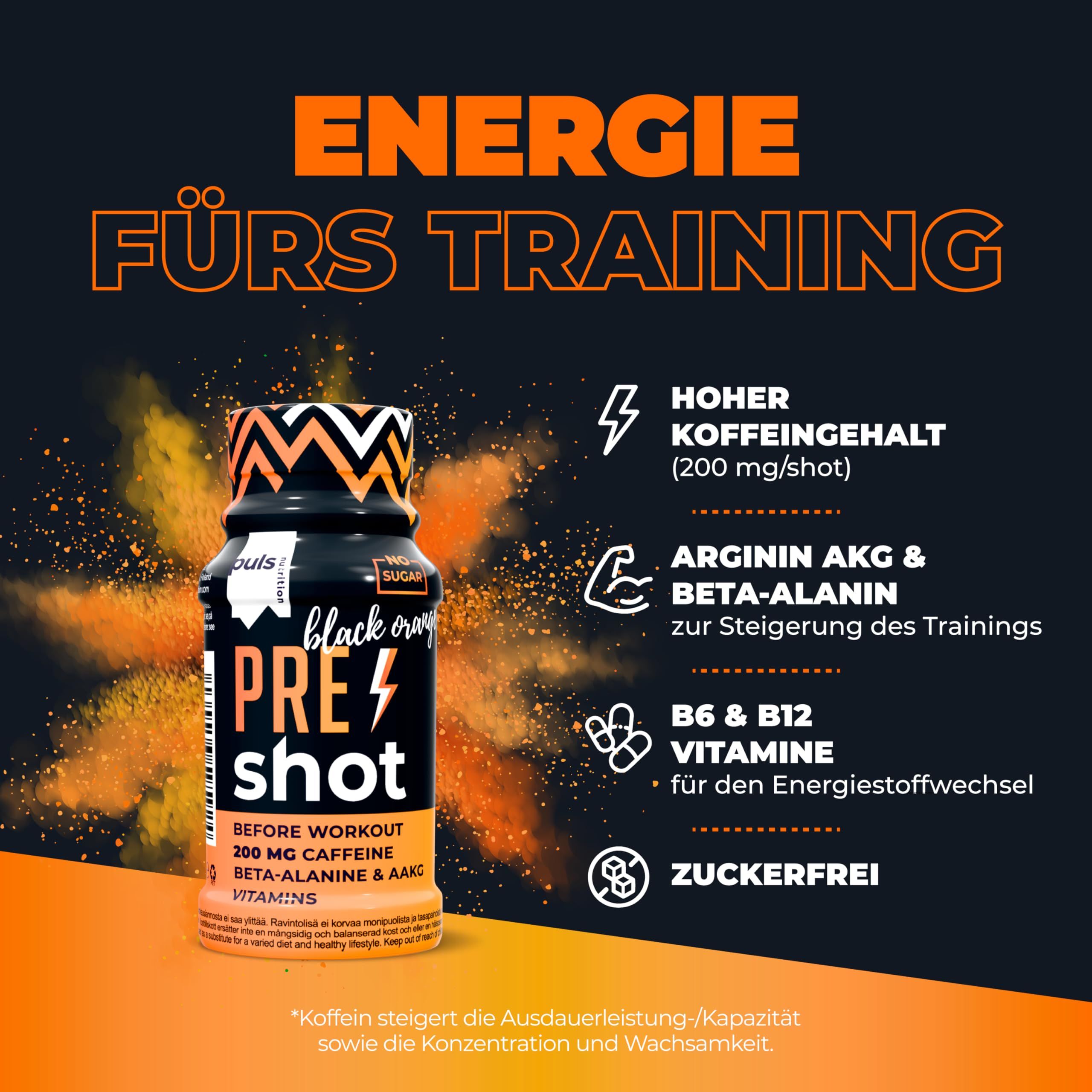 Puls Nutrition Pre Workout Shot Black Orange con benefici per l'allenamento.