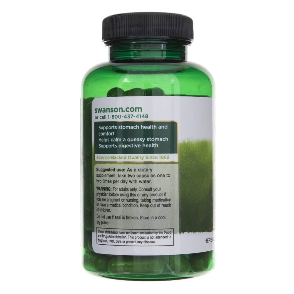 Retro di un flacone verde di capsule di radice di zenzero Swanson, istruzioni per l'uso.