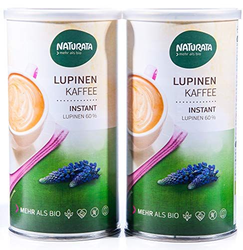 Due lattine di caffè istantaneo Naturata di lupini, con l'immagine di una tazza di caffè e lupini.