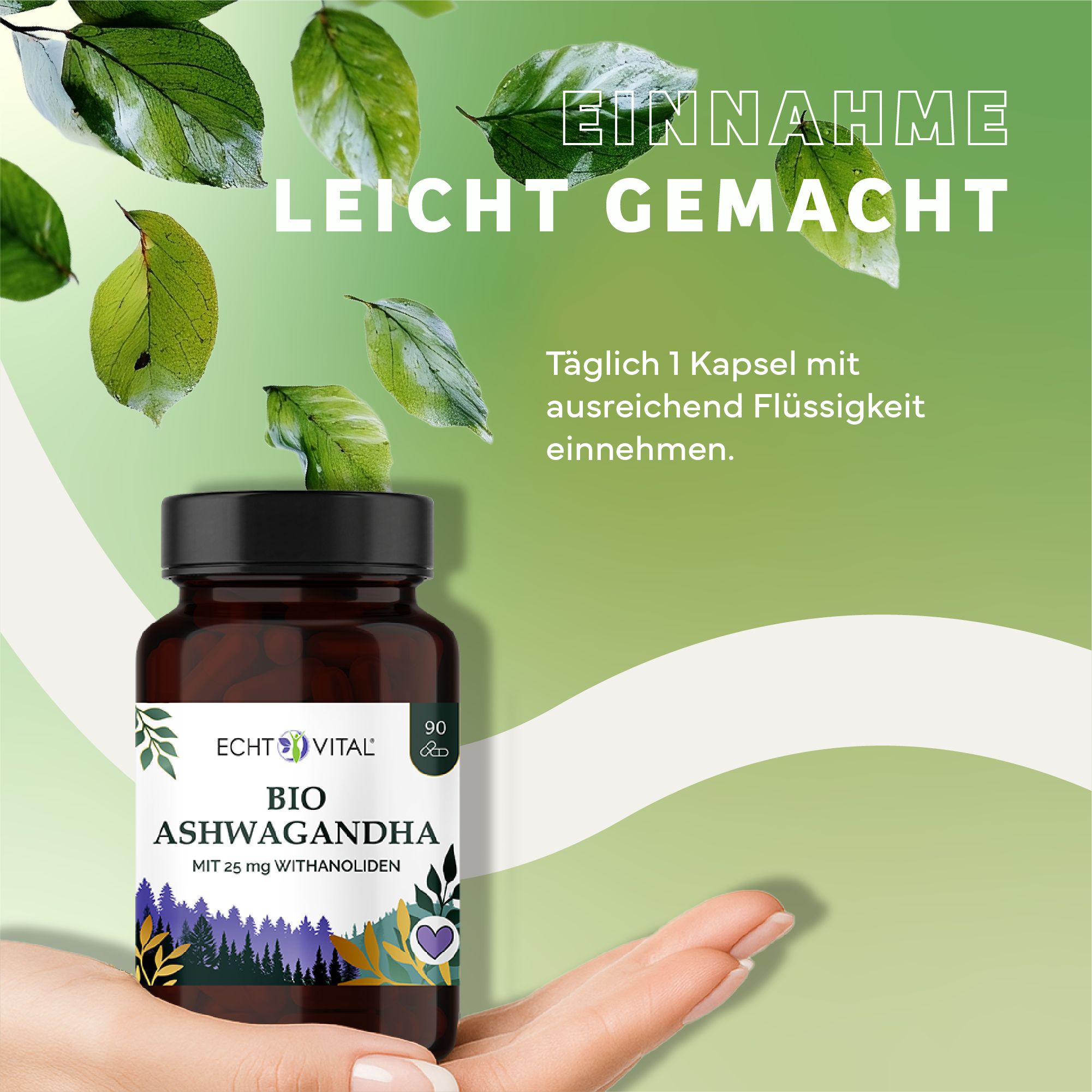 Flacone di vetro marrone con coperchio nero. Scritta: Echt Vital Bio Ashwagandha. Etichetta con testo e foglie. Mano che tiene il flacone.