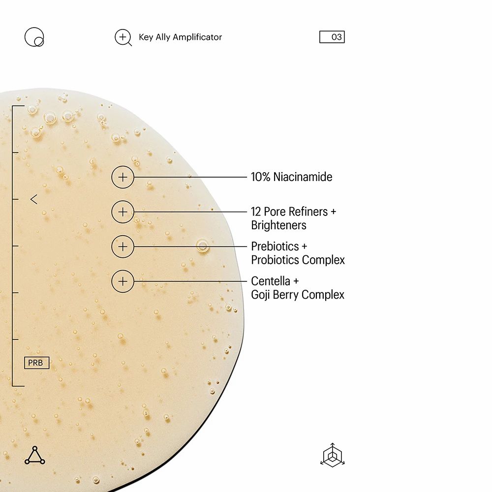 Primo piano di un liquido. Scritta: 10% Niacinamide, 12 Pore Refiners + Brighteners, Prebiotics + Probiotics Complex.
