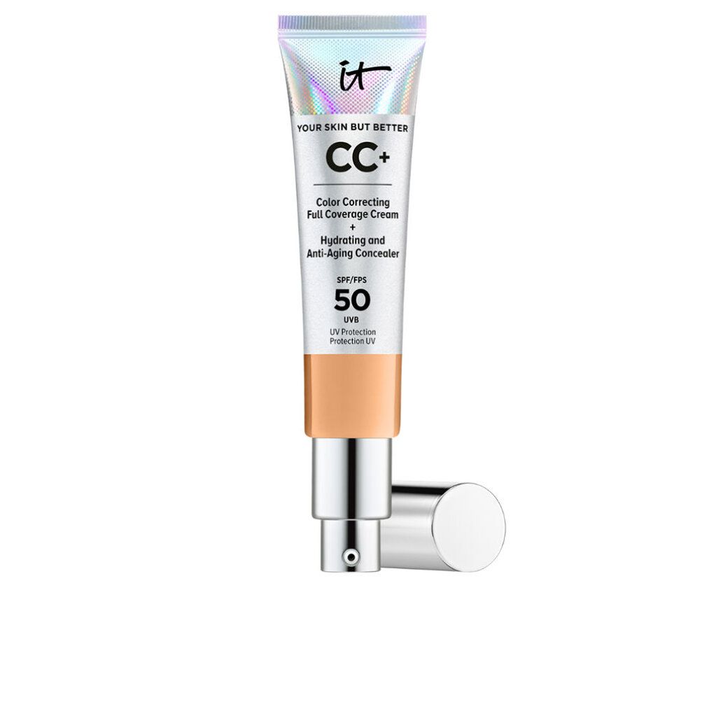 Tubo di crema CC+ con tappo argentato. Scritta: IT YOUR SKIN BUT BETTER CC+ Color Correcting Full Coverage Cream SPF 50.