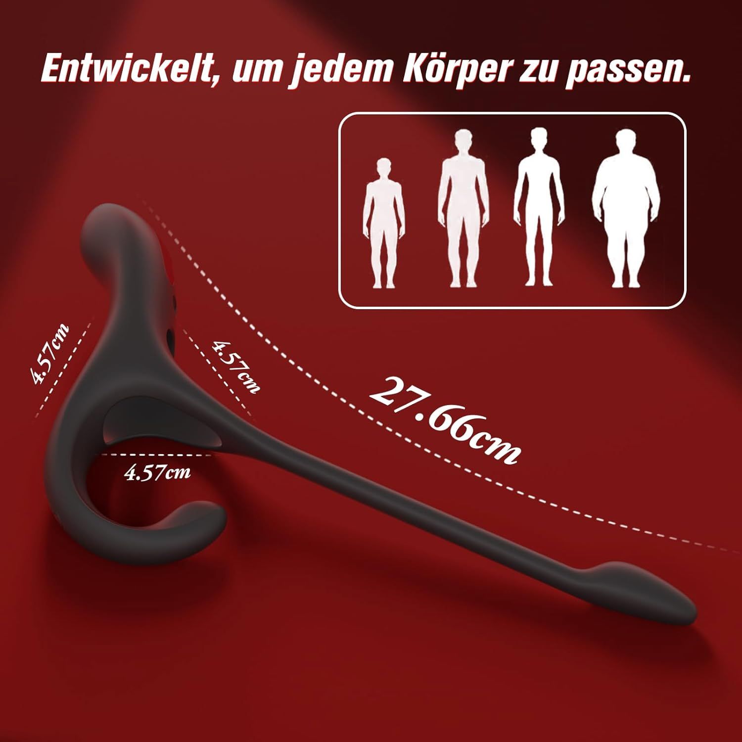 Dispositivo nero con misure. Testo: Progettato per adattarsi a ogni corpo. Diagramma con dimensioni: 27,66 cm.