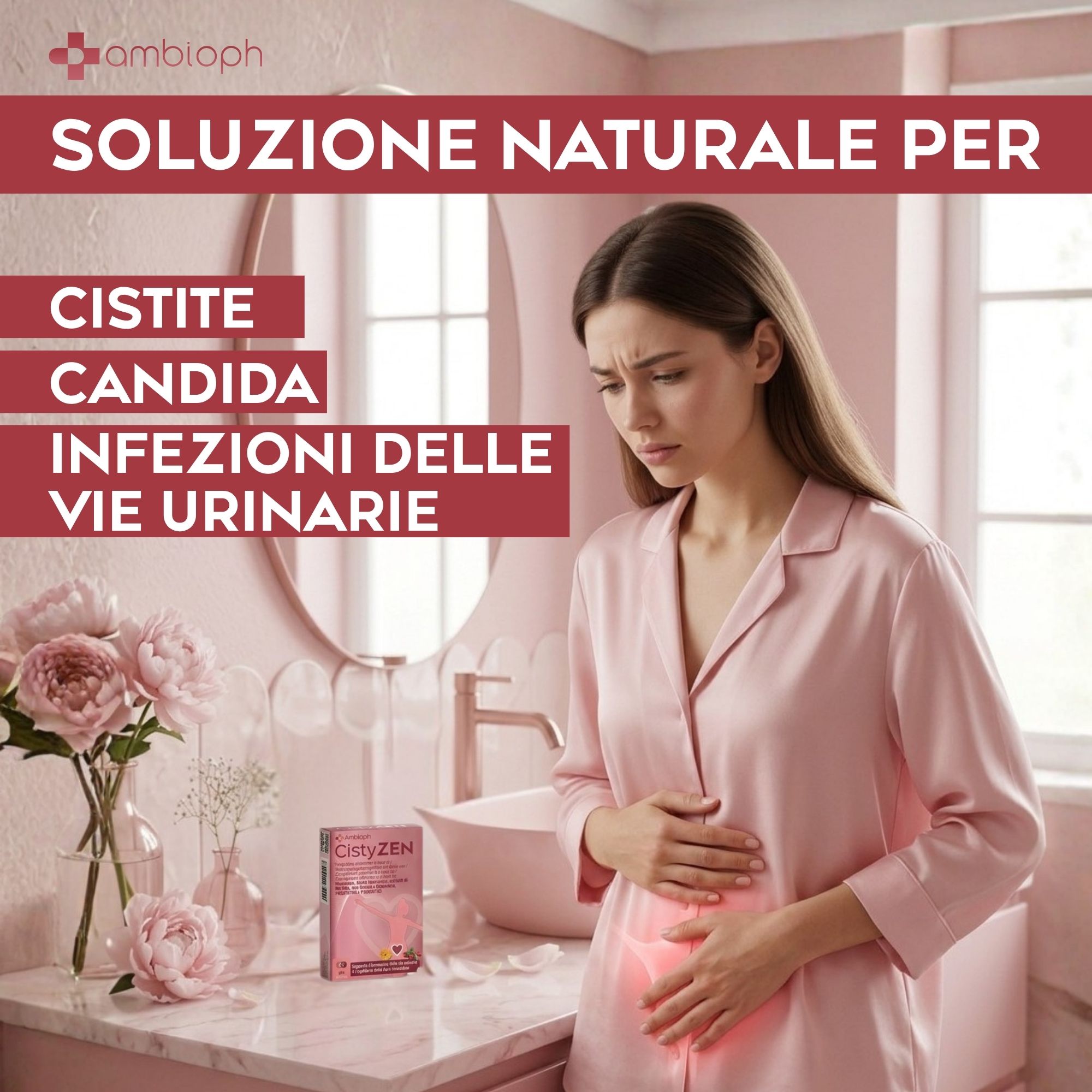 Donna con dolore addominale, confezione CistyZEN in primo piano. Testo: Soluzione naturale per cistite, candida, infezioni urinarie.