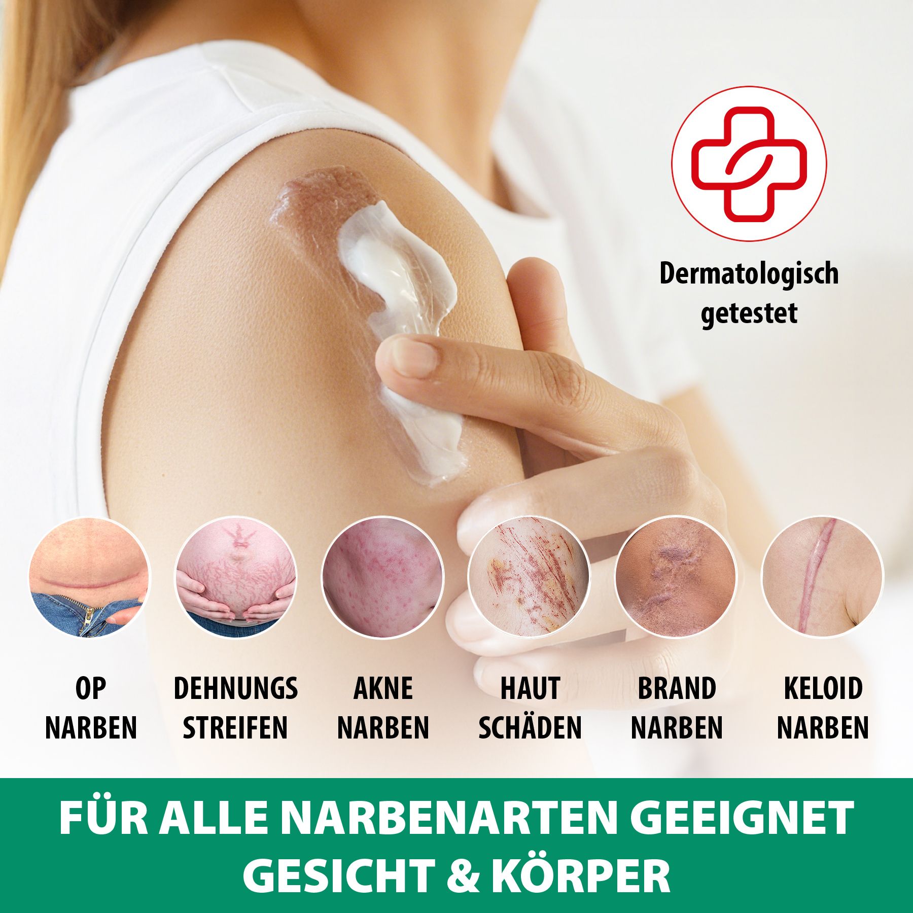 Mano applica crema sulla spalla. Testo: Adatto a tutti i tipi di cicatrici. Dermatologicamente testato. Tipi di cicatrici.