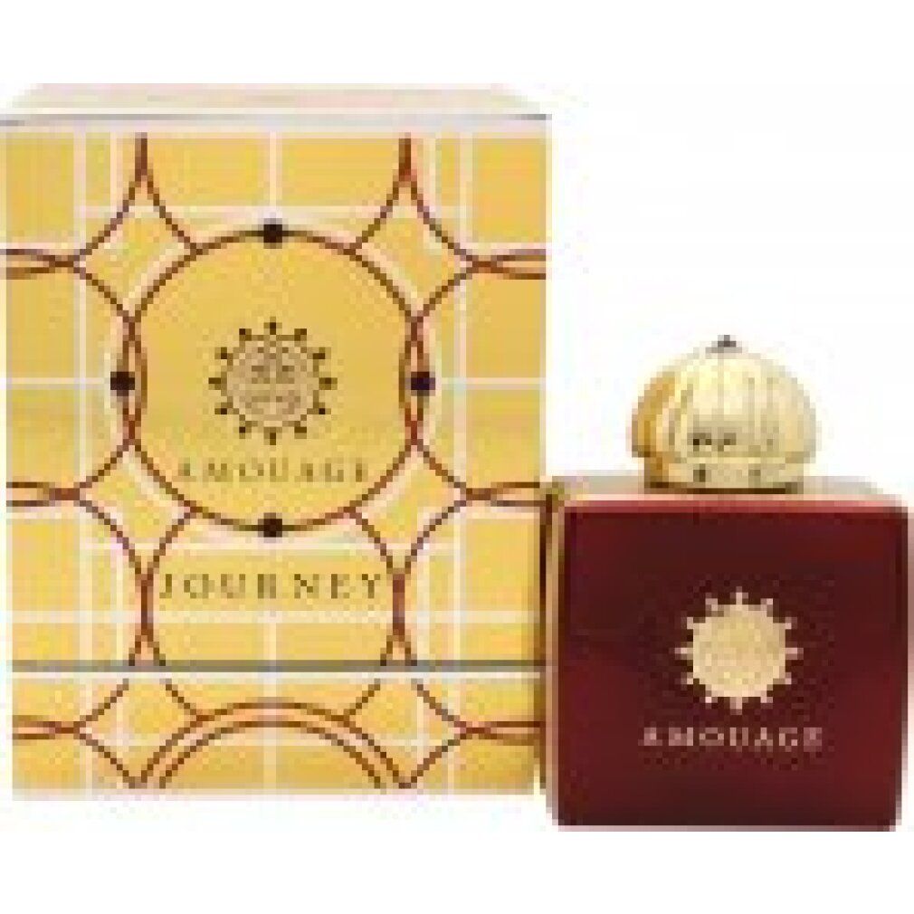 Flacone rosso con tappo dorato e confezione dorata. Scritta: Amouage Journey.