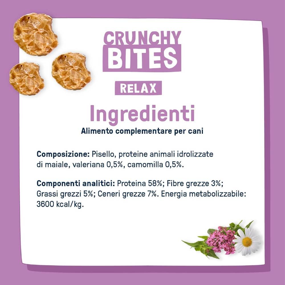 Elenco ingredienti per Crunchy Bites Relax. Contiene piselli, proteine animali idrolizzate, valeriana, camomilla. Componenti analitici: proteine, fibre grezze, grassi, ceneri.
