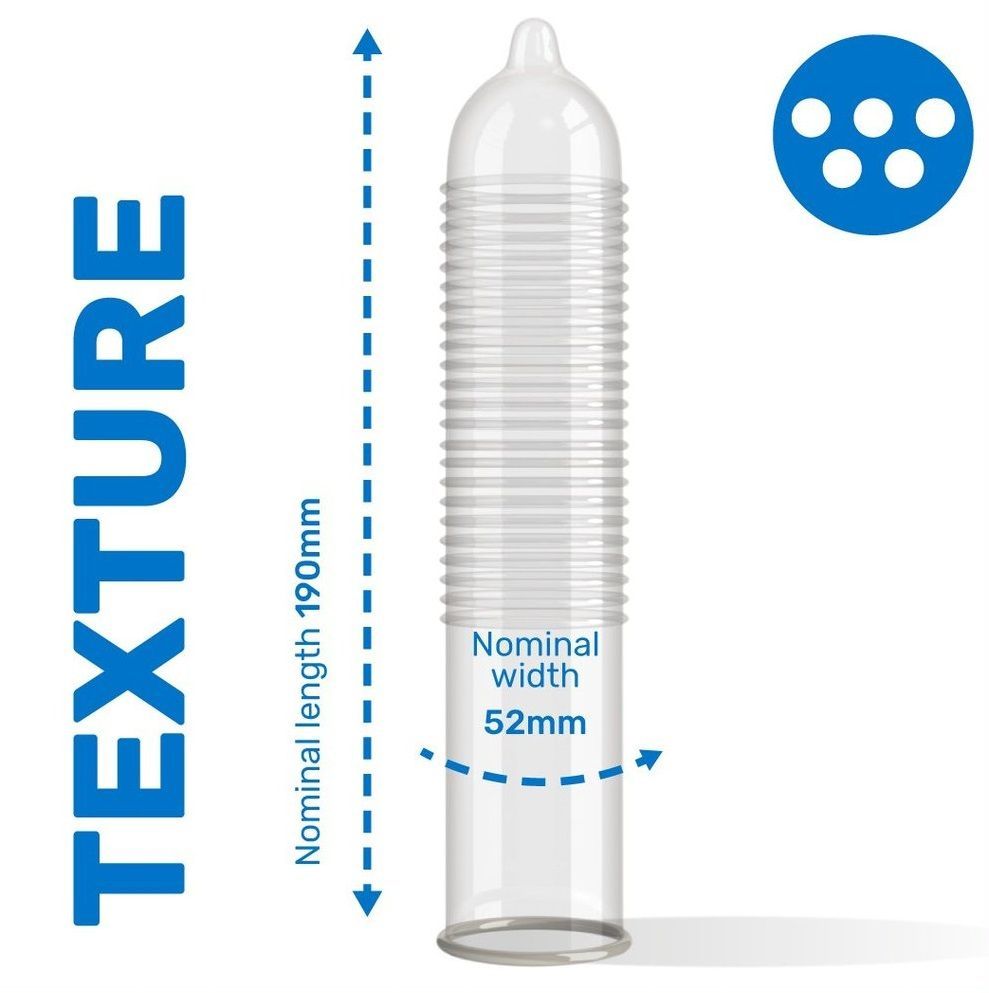 Preservativo con design a coste. Lunghezza 190mm, larghezza 52mm. Testo: "TEXTURE".