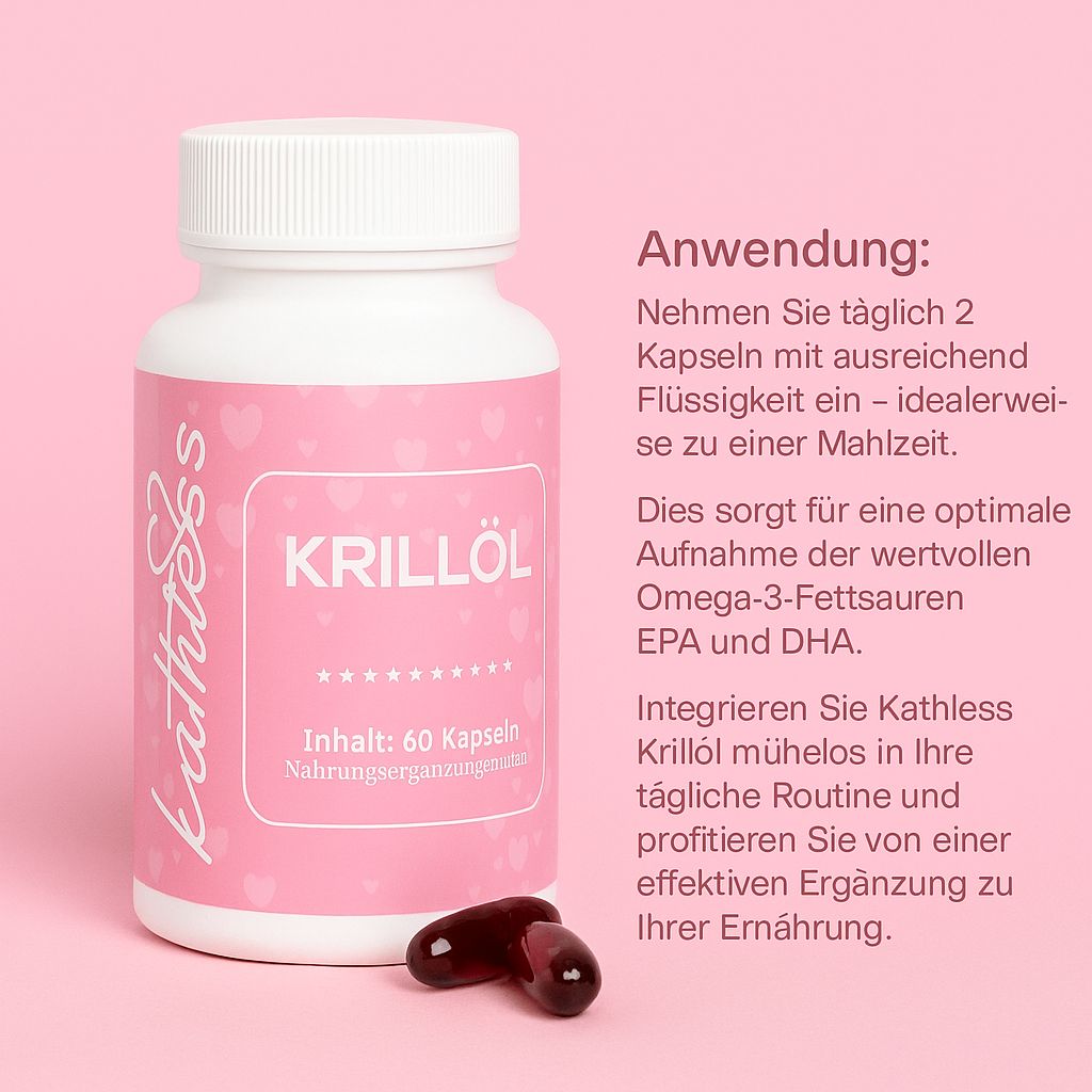 Flacone rosa. Krillöl, 60 capsule. Marchio: Kathless. Due capsule accanto. Testo: Uso, 2 capsule al giorno.
