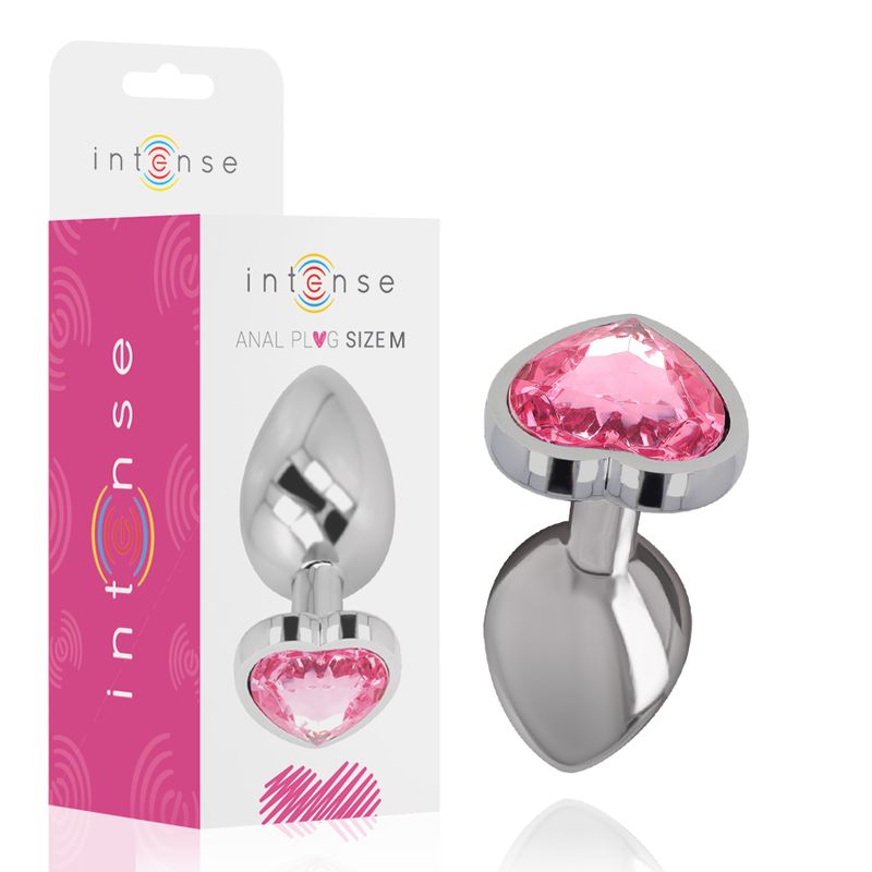 Plug anale Intense in metallo con strass rosa, taglia M, confezione retro.
