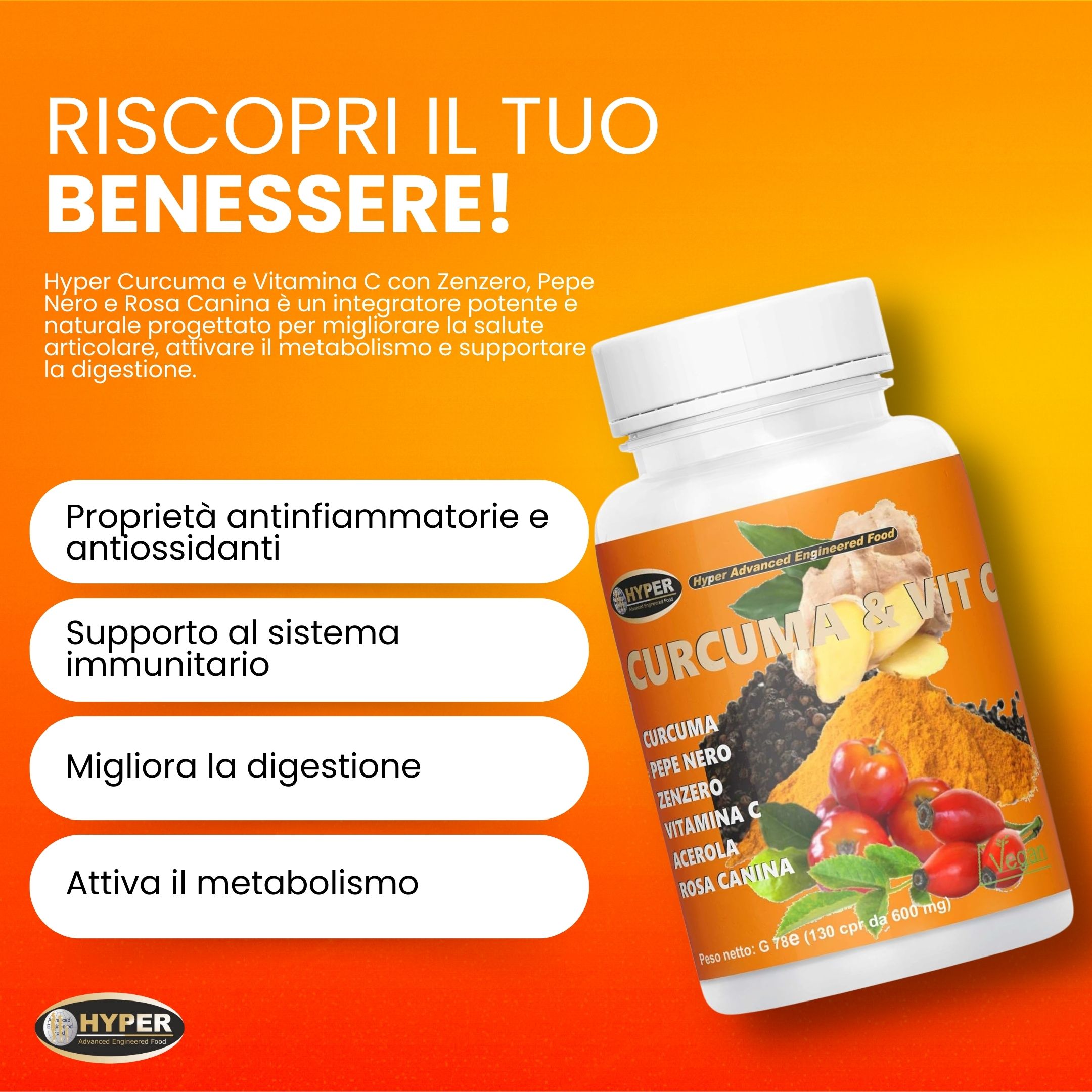 Flacone bianco di compresse con testo. Testo: Curcuma & Vit C. Ingredienti e benefici elencati.