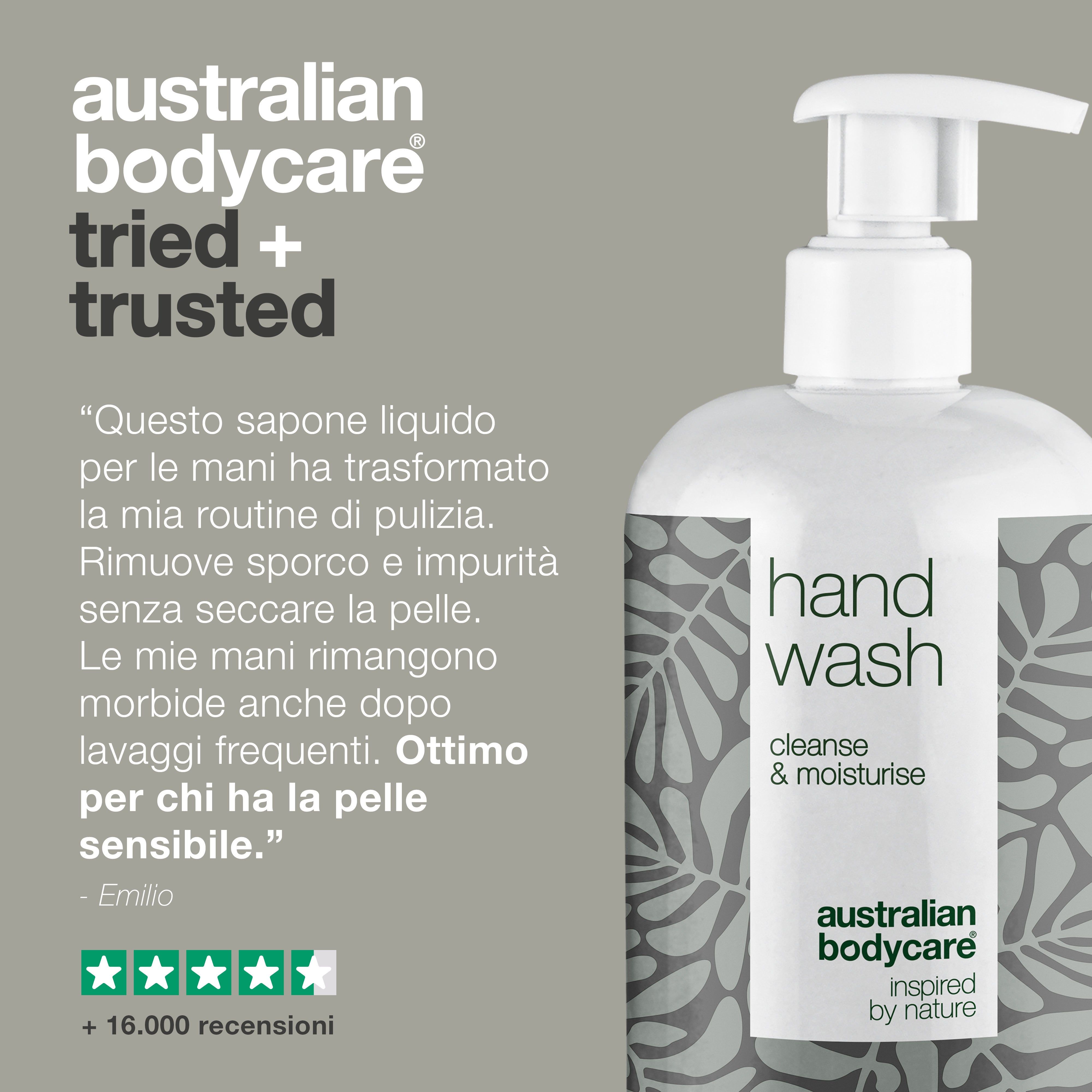 Flacone di sapone per le mani. Scritta: Hand Wash, cleanse & moisturise. Logo: Australian Bodycare. Citazione e stelle.