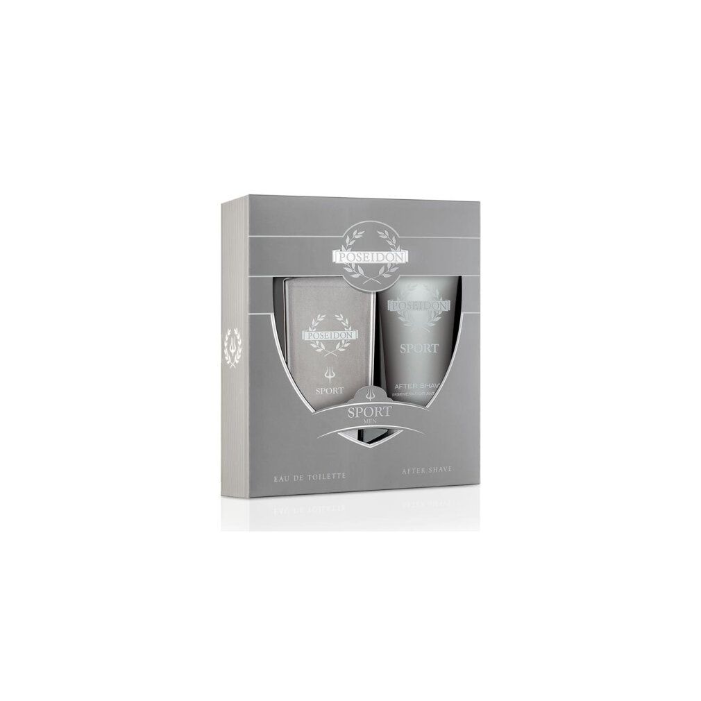 Confezione regalo grigia con due prodotti. Scritta: Poseidon Sport. A sinistra Eau de Toilette, a destra Dopobarba. Logo con corona d'alloro.