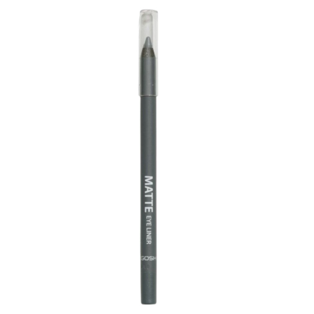 Eyeliner grigio con cappuccio trasparente. Scritta: Matte Eyeliner, GOSH. Forma a matita.