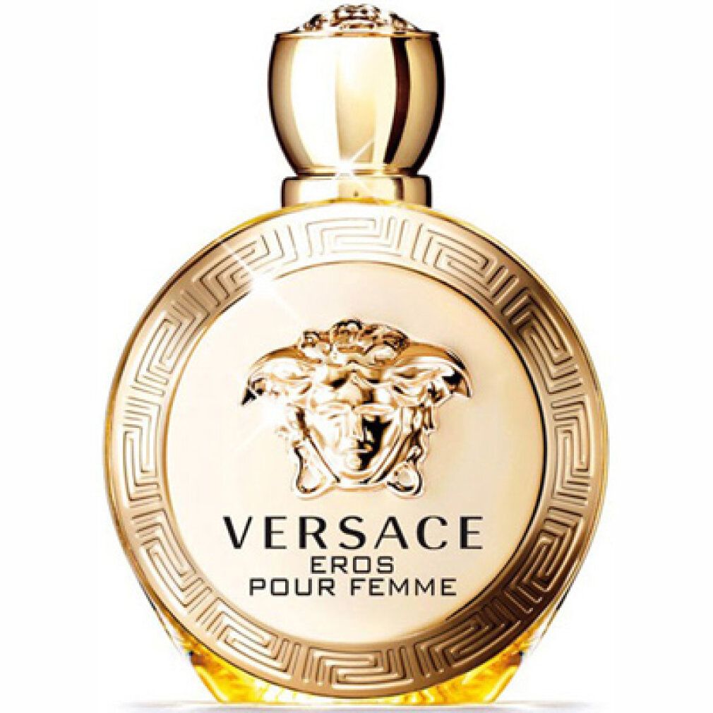 Flacone dorato. Scritta: VERSACE EROS POUR FEMME. Tappo dorato.