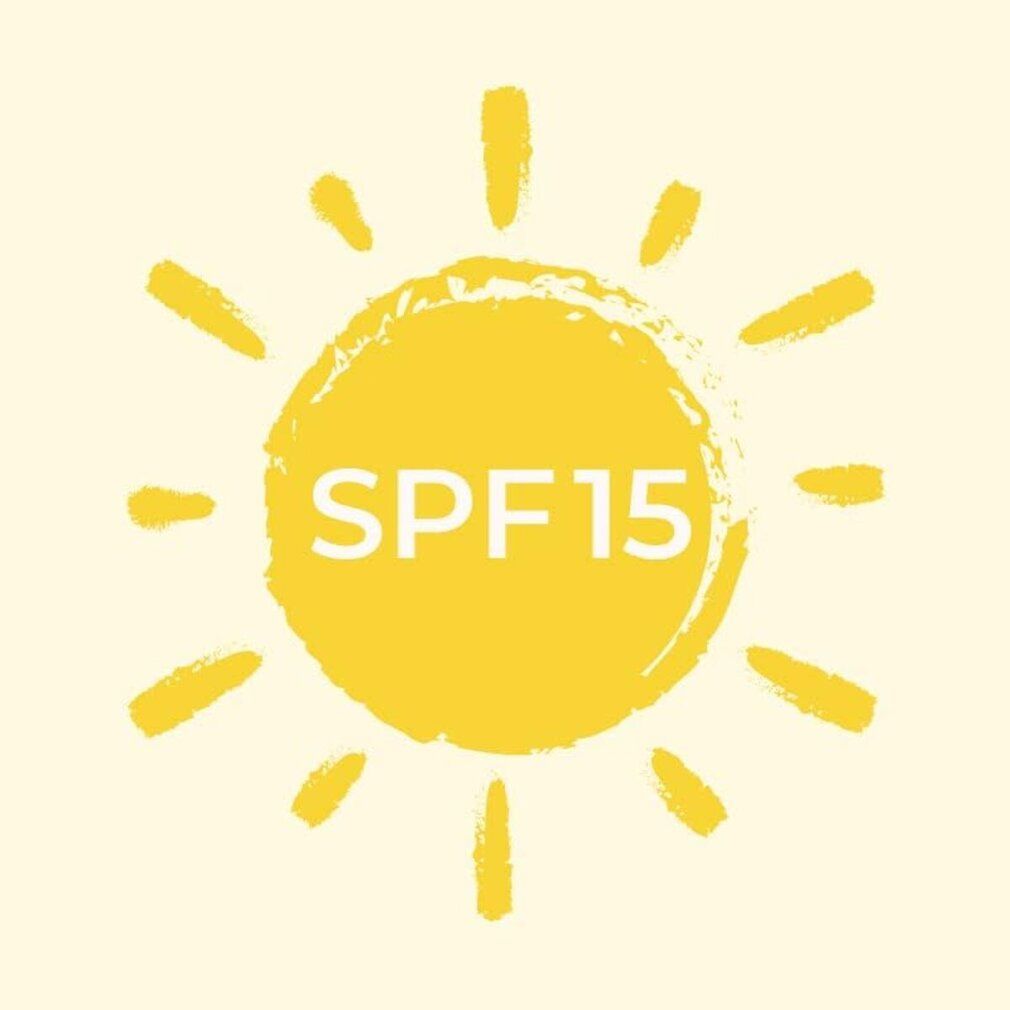 Illustrazione gialla di un sole con la scritta SPF 15. Design semplice, sfondo giallo.
