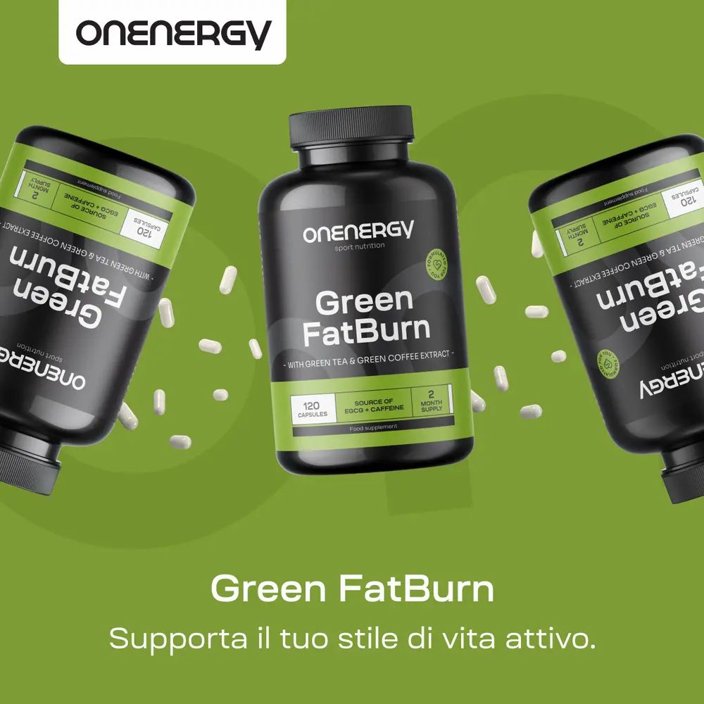 Capsule OnEnergy Green FatBurn accanto a tè verde essiccato.