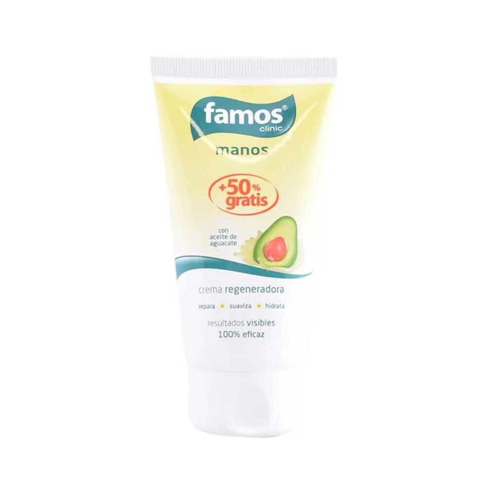 Tubo di crema con nome del prodotto e illustrazione di avocado. Testo: crema regeneradora, resultados visibles, 100% eficaz.
