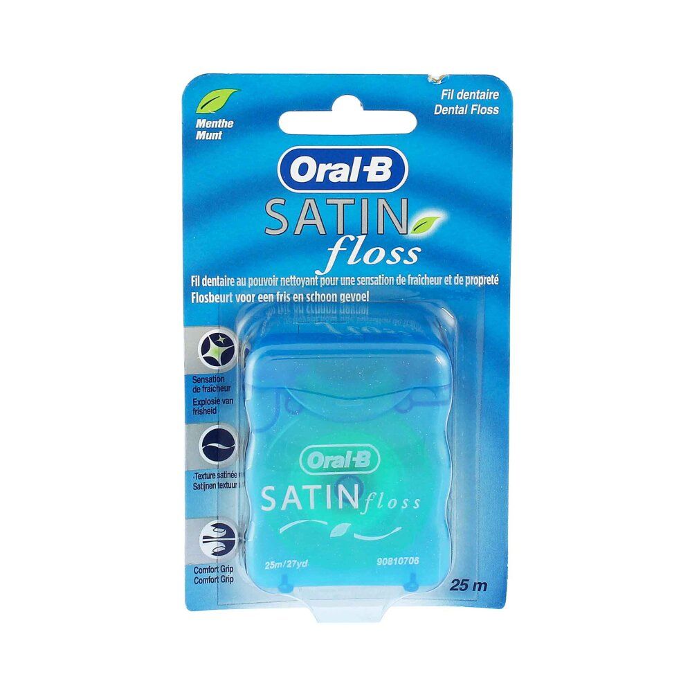 Confezione blister con filo interdentale blu. Scritta: Oral-B Satin Floss. 25 m.