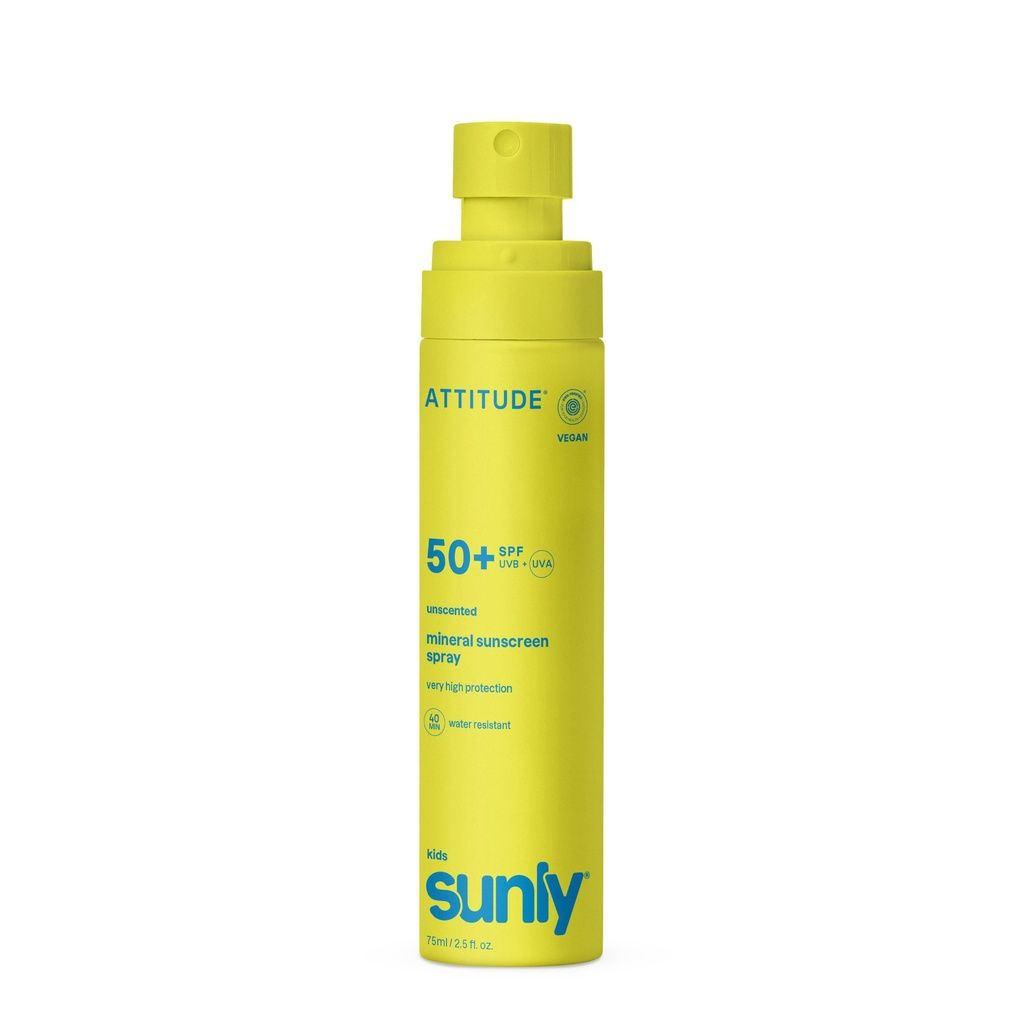 Flacone spray giallo con protezione solare minerale per bambini, SPF 50+, senza profumo.