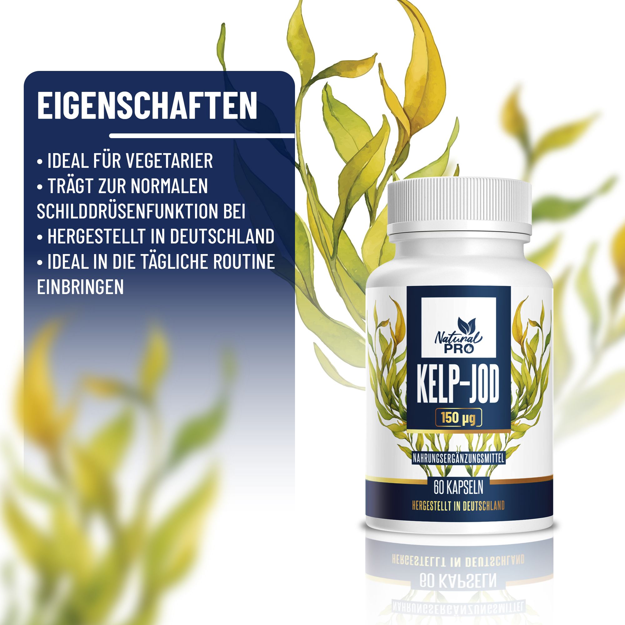 Caratteristiche: Vegetariano, funzione tiroidea, prodotto in Germania, routine quotidiana. Flacone di capsule.