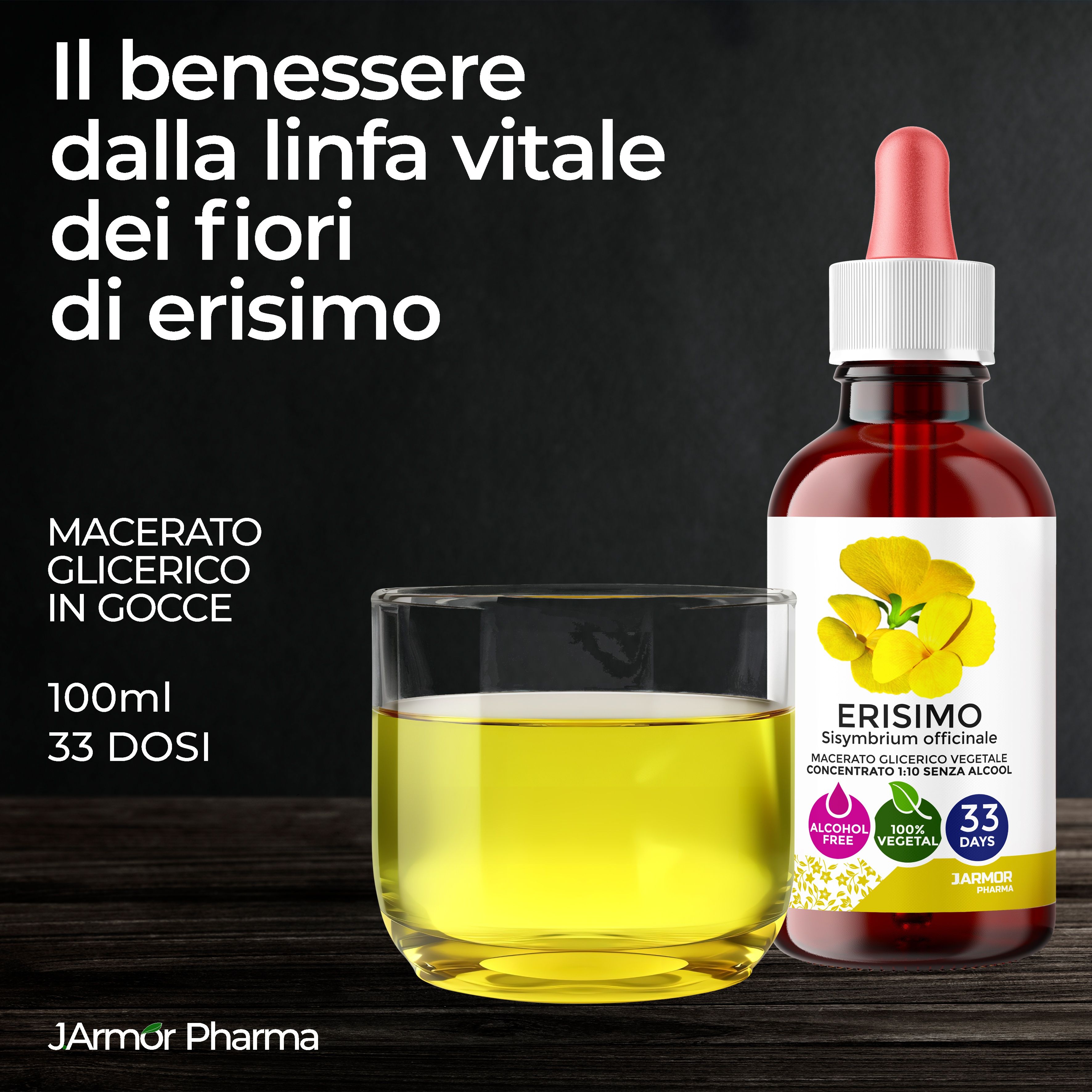 Flacone di vetro marrone con contagocce e liquido giallo. Bicchiere con liquido giallo. Testo: Erisimo, 100ml, 33 dosi.