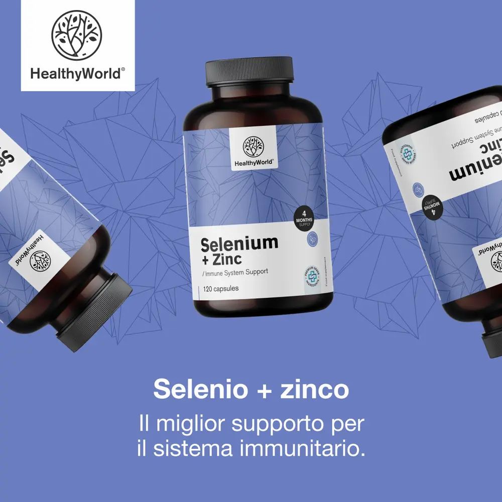 Diversi flaconi con capsule. Scritta: Selenio + zinco, 120 capsule. Marchio: HealthyWorld.