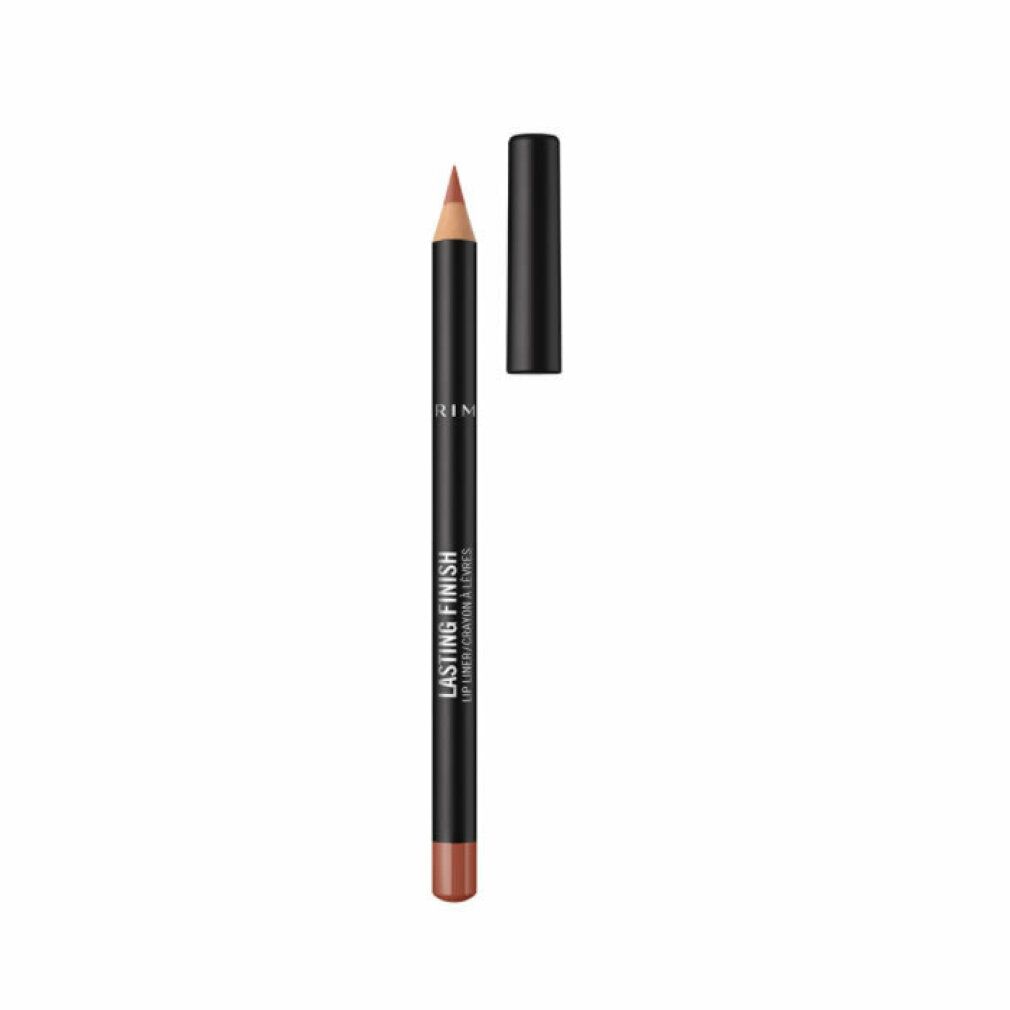 Matita labbra Rimmel London Lasting Finish. Fusto nero, mina marrone e cappuccio rimosso. Testo: Lasting Finish, Lip Liner/Crayon à Lèvres.