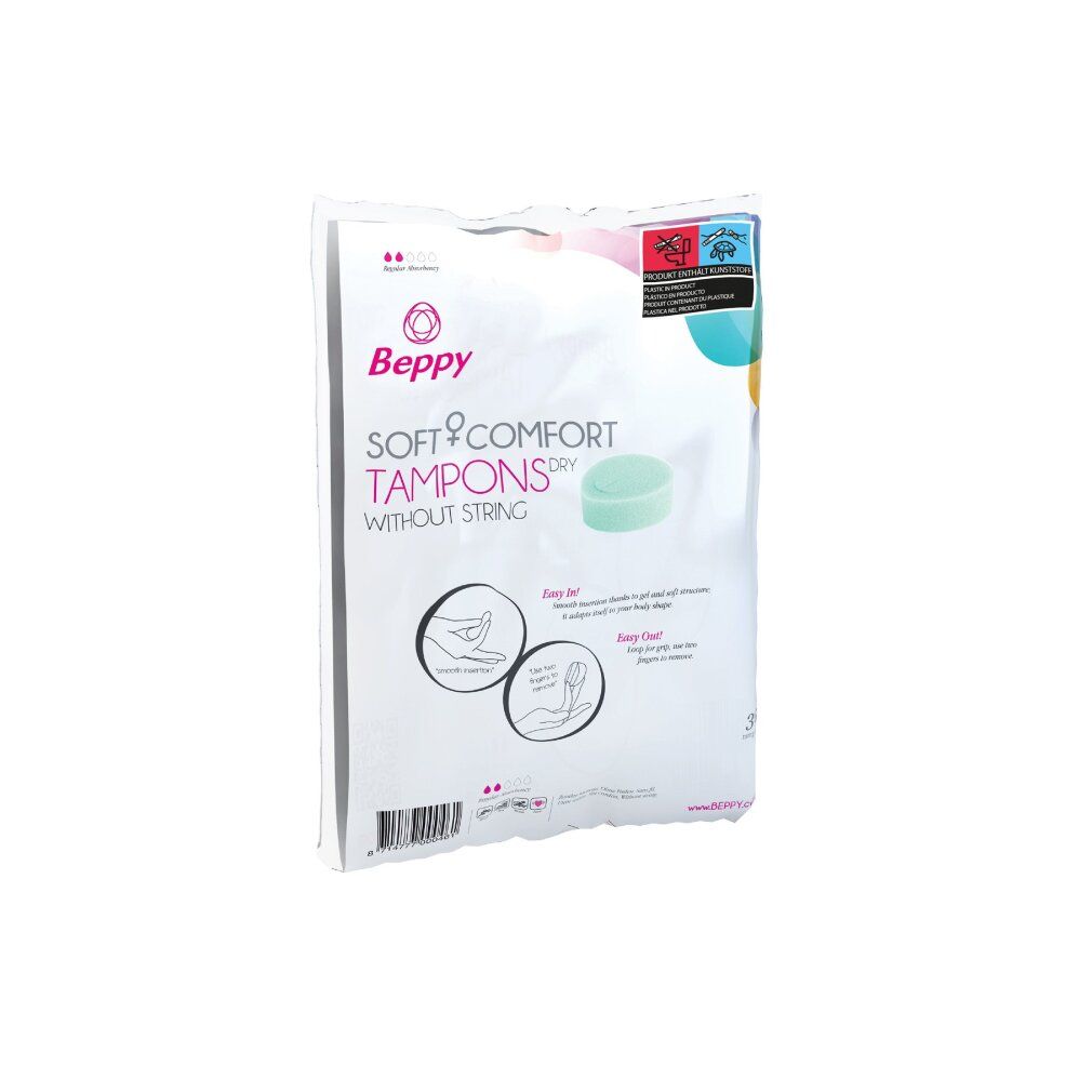 Confezione di tamponi Beppy Soft + Comfort DRY senza filo. Tampone verdognolo visibile. Nome del prodotto e marchio ben visibili. Illustrazioni d'uso.