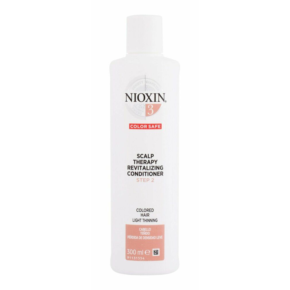 Flacone bianco con logo Nioxin e testo. 'Scalp Therapy Revitalizing Conditioner' e 'Color Safe' sono visibili. '300 ml' anche.