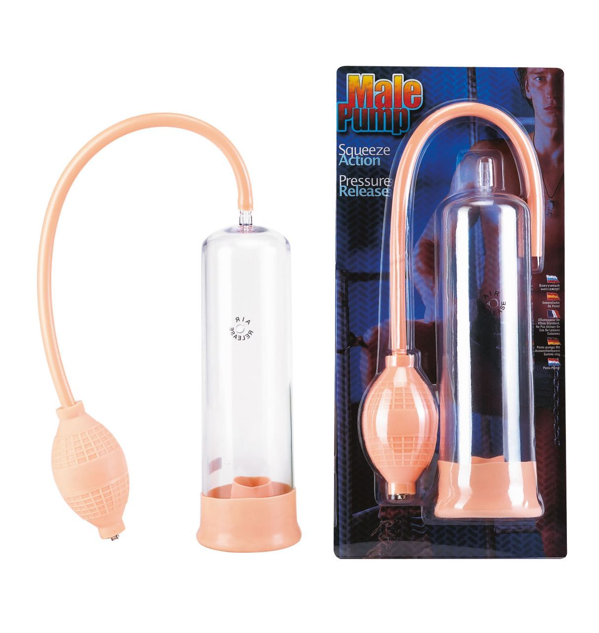 Un set di pompa per pene in confezione blister. Include cilindro trasparente, pompa a mano rosa e tubo.