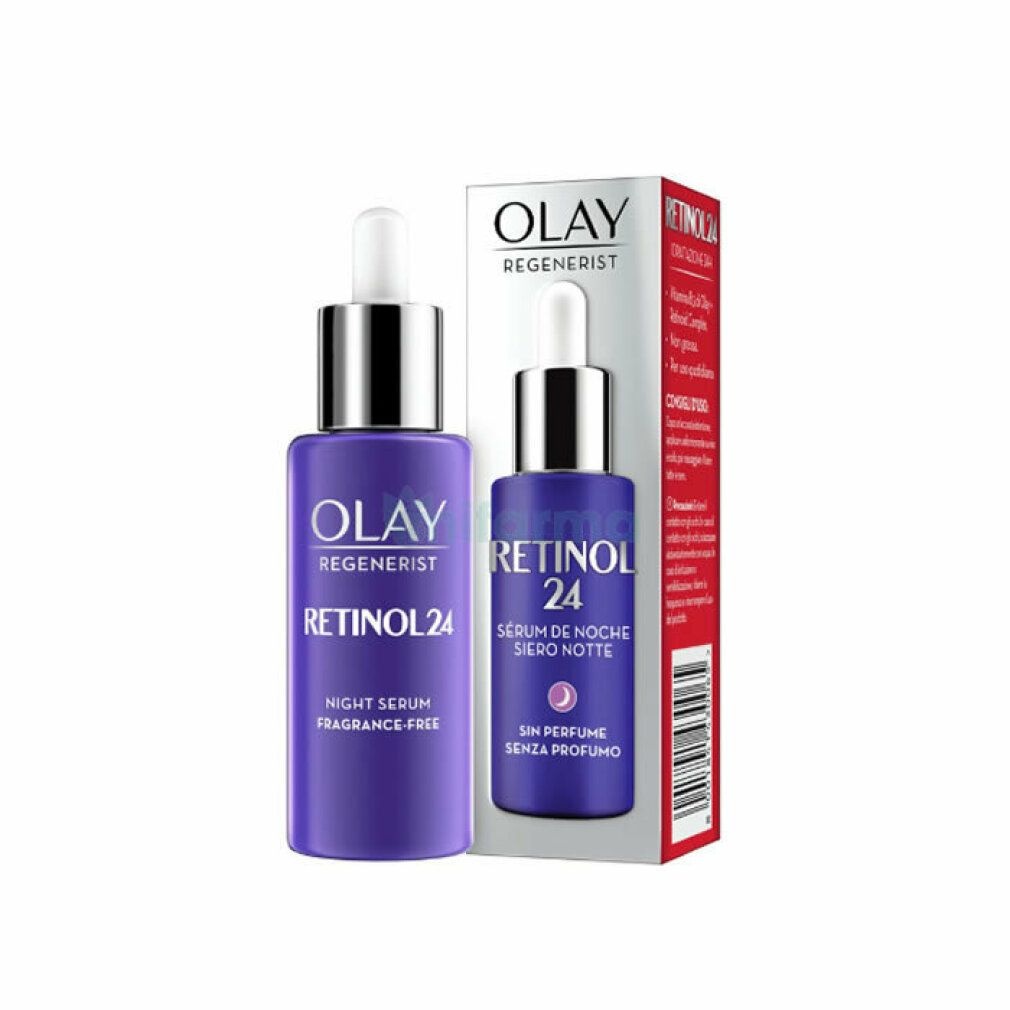 Siero notte Olay Regenerist Retinol 24 con confezione. Flacone viola e scatola. Testo: Retinol 24, Night Serum, Fragrance-Free, Sérum de Nuit, Siero Notte, Sin Perfume.