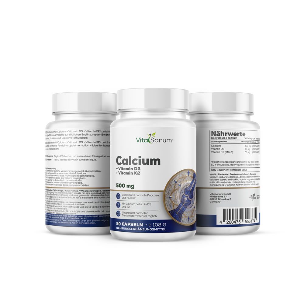Tre flaconi di VitaSanum Calcio + Vitamina D3 + Vitamina K2, 90 capsule.