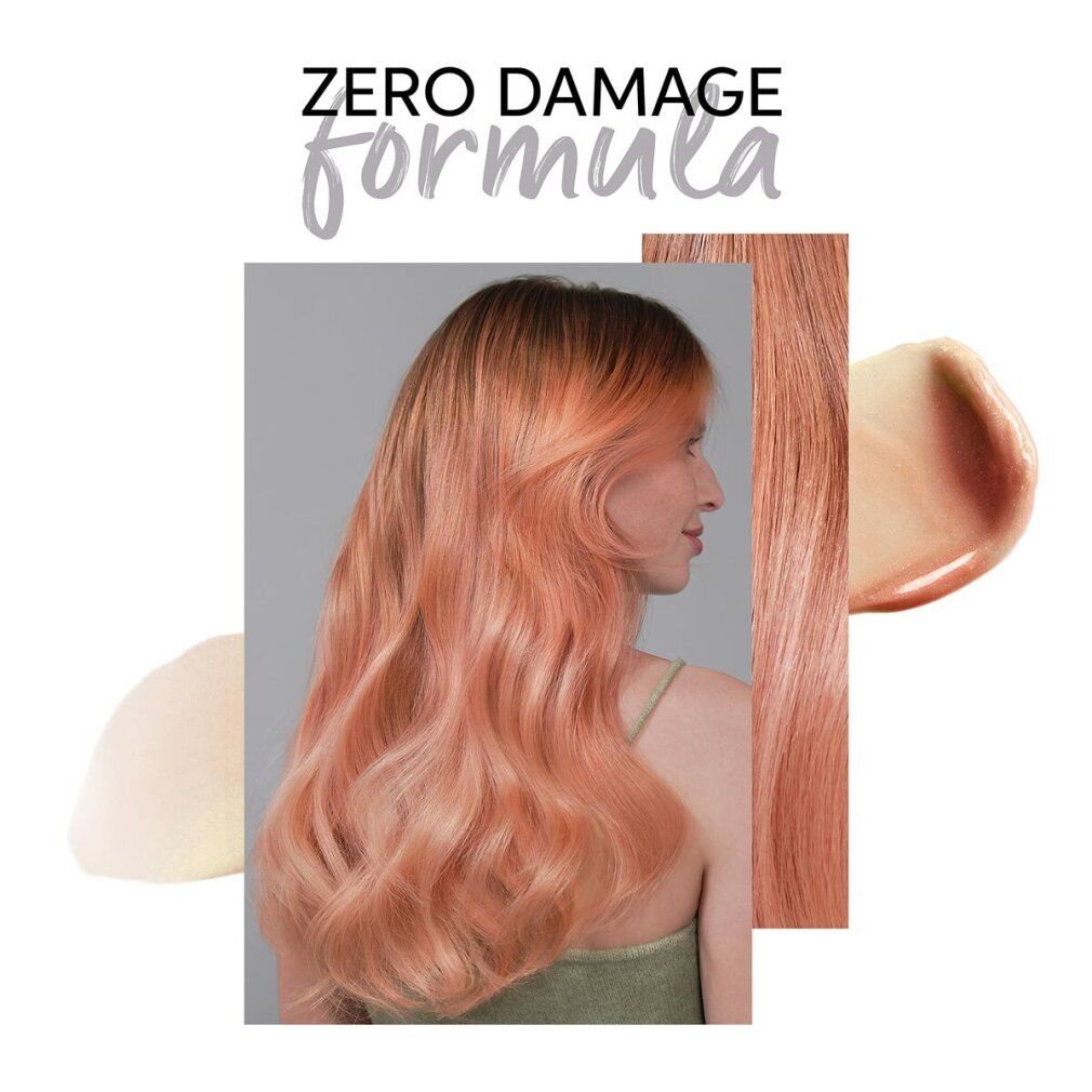 Donna con capelli color pesca. Zero Damage Formula. Sfumatura da scuro a chiaro. Illustrazione del prodotto.