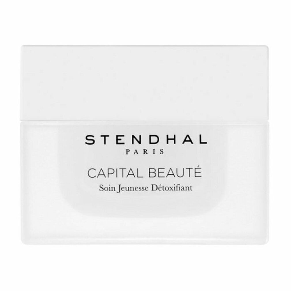 Vasetto bianco con coperchio. Scritta: STENDHAL PARIS, CAPITAL BEAUTÉ, Soin Jeunesse Détoxifiant.