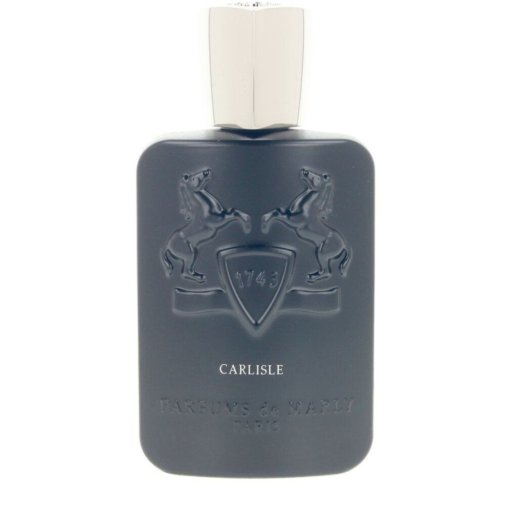 Flacone blu scuro con tappo argentato. Stemma in rilievo e scritta "CARLISLE". Marchio: Parfums de Marly.