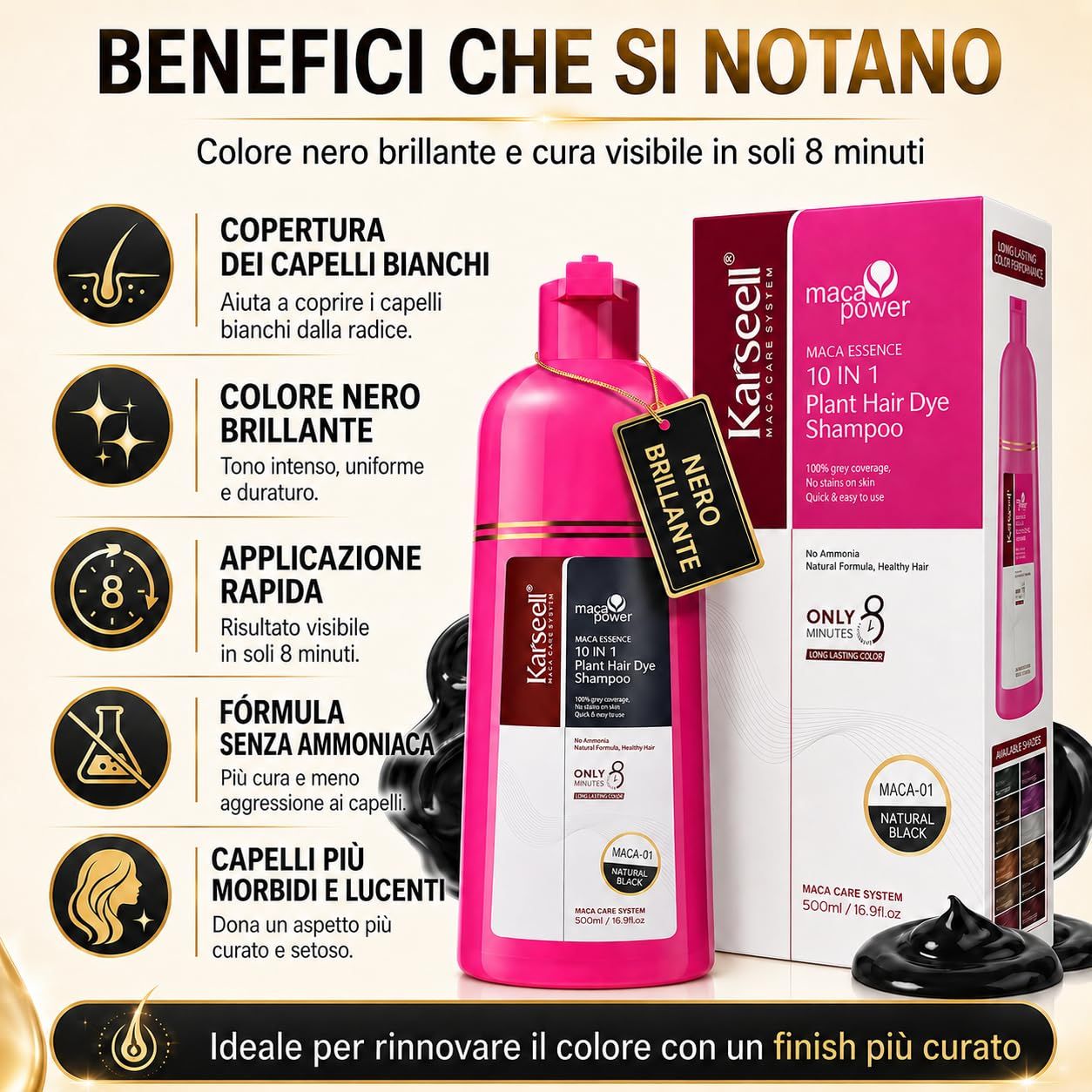 KARSEELL Shampoo Colorante Nero Naturale Copertura Capelli Bianchi Istantanea Cheratina