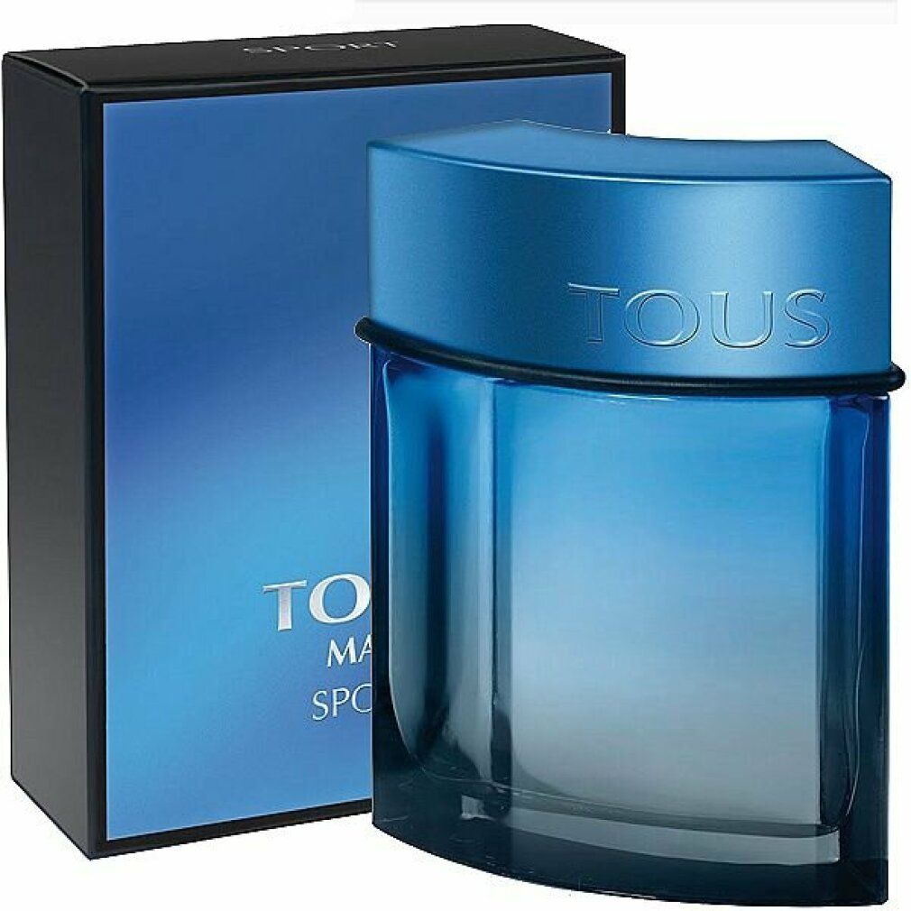 Flacone spray di eau de toilette blu con tappo blu e confezione nera. Sulla confezione è scritto "TOUS MAN SPORT".